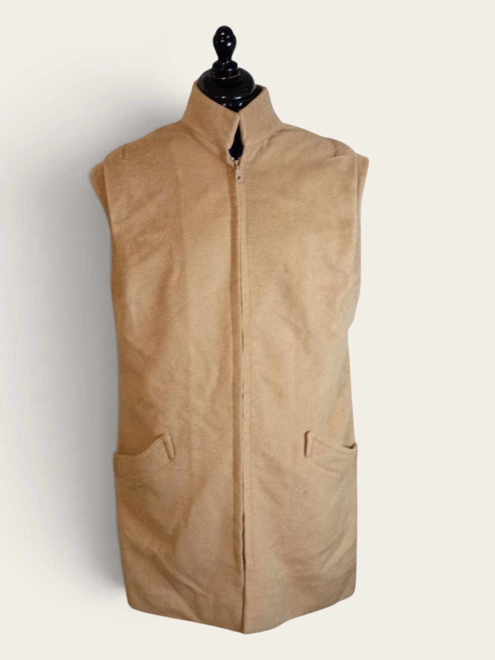 Camel Wool Blend Sleeveless Vest with High Collar